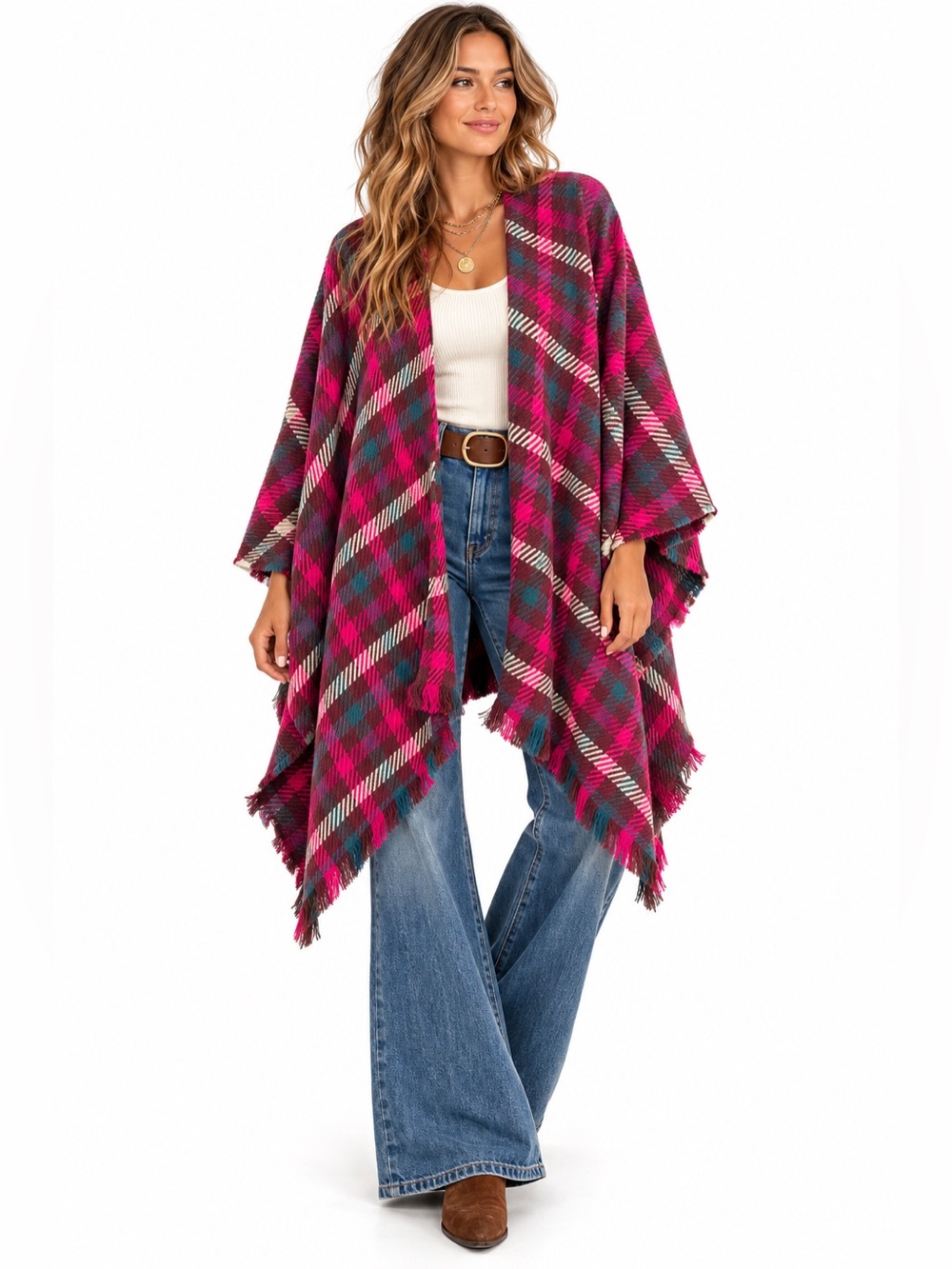Cabi Santa Fe Wrap Plaid Poncho Ruana Fringe Boho Western O/S Southwestern